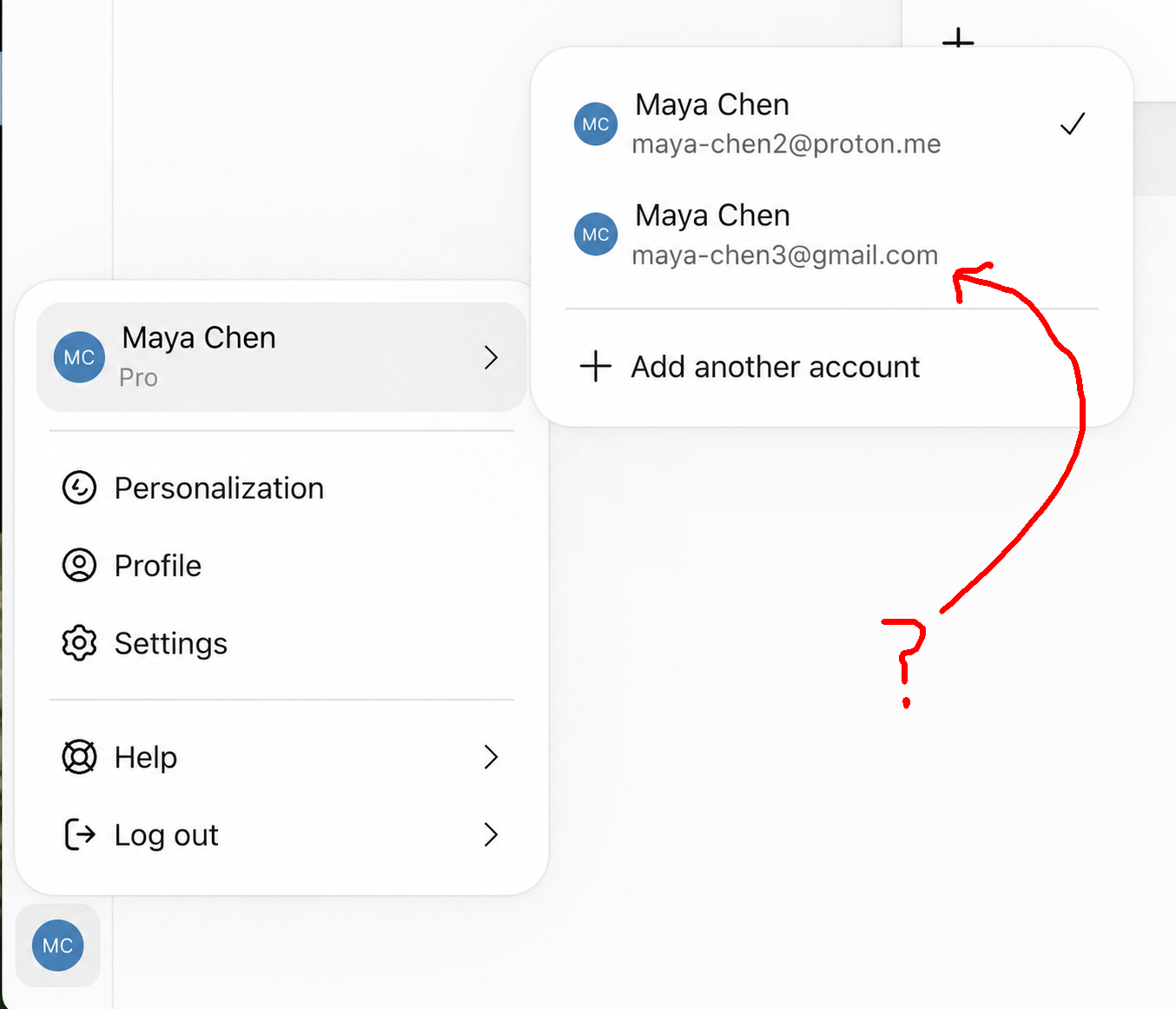 Demo ChatGPT account menu: the checkmark identifies the active account; an arrow points to another account with a different email.