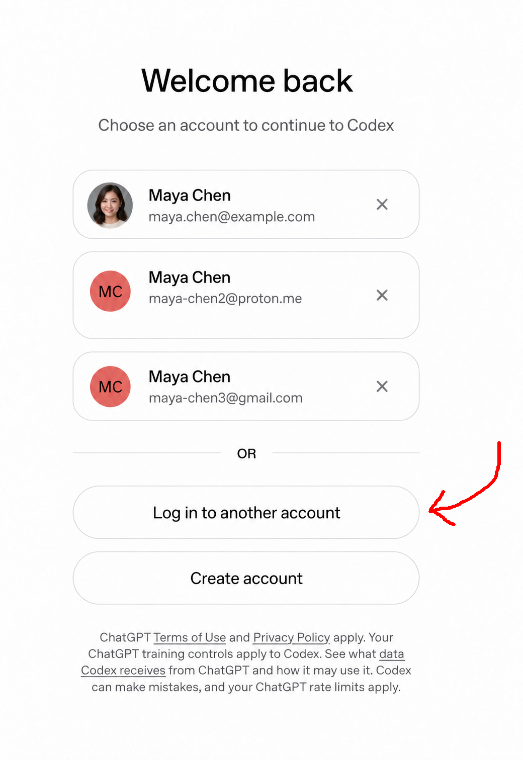 Demo OpenAI account chooser with an arrow pointing to Log in to another account.